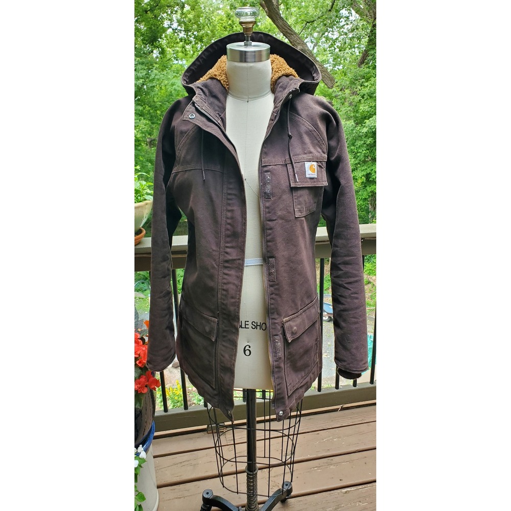 Carhartt Womens Dark Brown Sherpa Lined Hooded Duck Canvas Work Jacket Small 4/6